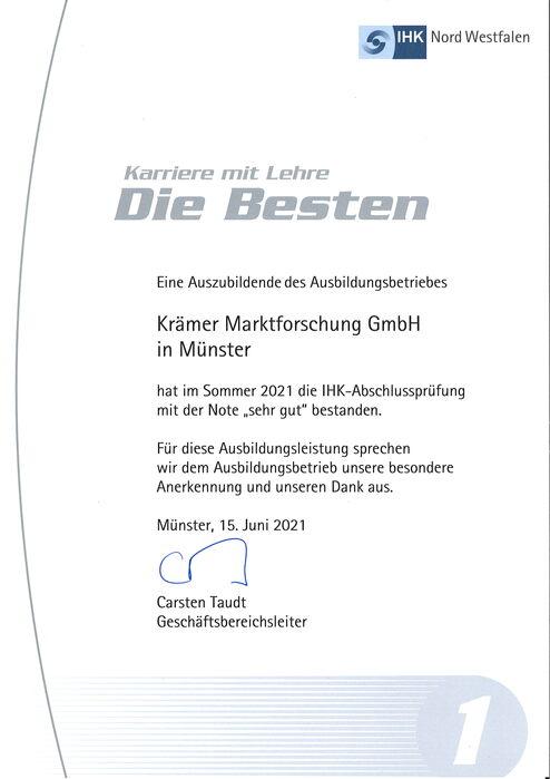 Zertifikat der IHK Nord Westfalen für Krämer Marktforschung GmbH in Münster, Auszeichnung für „sehr gut“ im Sommer 2021.