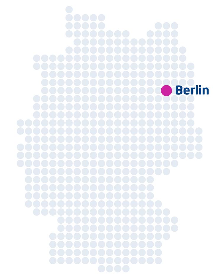 Karte von Deutschland mit Punkten und einer hervorgehobenen Markierung für Berlin in pink und blau.