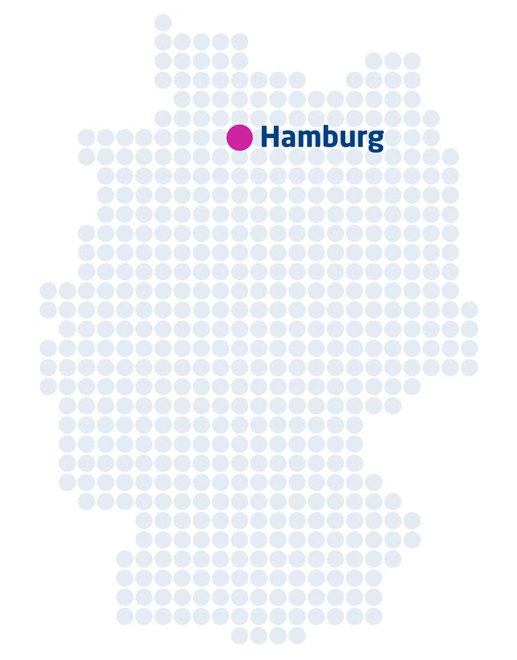 Karte von Deutschland mit hervorgehobener Stadt Hamburg in lila und blau. Dot-Muster im Hintergrund.