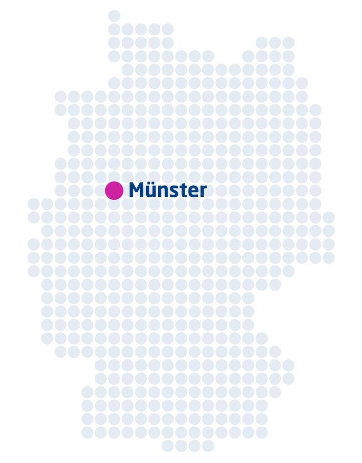 Karte von Deutschland mit hervorgehobener Stadt Münster in lila und blauer Schrift auf hellen Punkten.