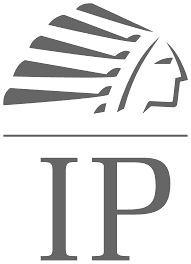 Logo der Fluggesellschaft mit stilisiertem Löwenkopf und Angabe „IP“ darunter. Design in Grau auf hellem Hintergrund.