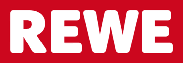 Logo der Supermarktkette REWE auf rotem Hintergrund, bestehend aus weißen Buchstaben in versal.