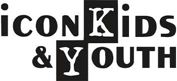Logo von "icon Kids & Youth" in stilisierter Schrift, bestehend aus großen Buchstaben in Schwarz und Weiß.