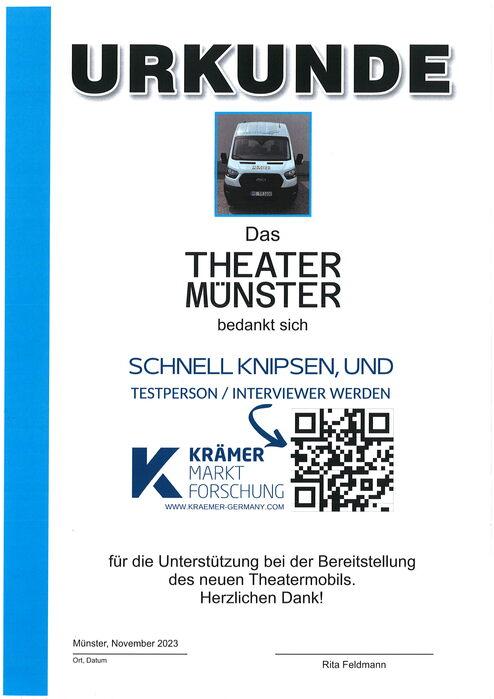 Urkunde des Theaters Münster, die sich bei Krämer Markt Forschung für die Unterstützung des neuen Theatermobils bedankt.