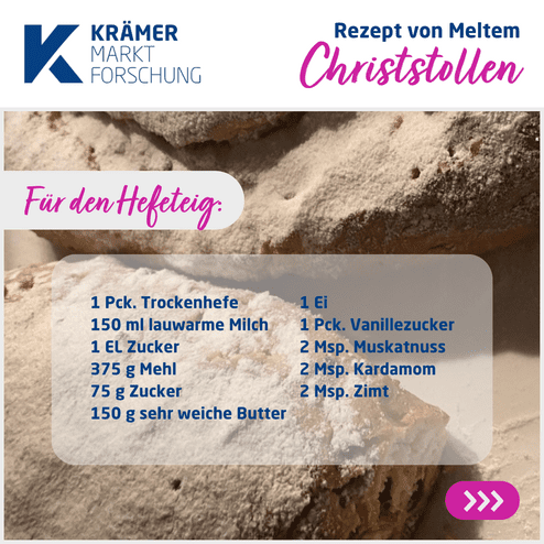 Rezept für Christstollen mit Zutatenliste für Hefeteig auf einem hellen Hintergrund.