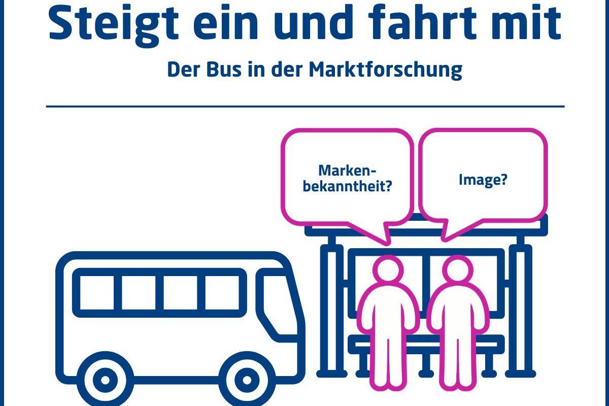 Illustration eines Busses neben einer Bushaltestelle mit zwei Personen und Sprechblasen zu Marktforschung.