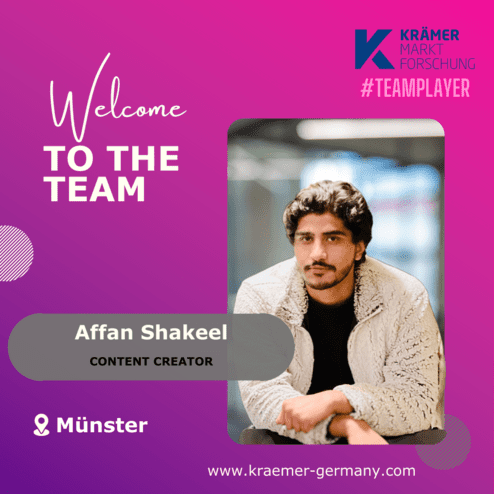 Grafik mit textlicher Begrüßung „Welcome to the Team“ und Foto eines jungen Mannes namens Affan Shakeel aus Münster.